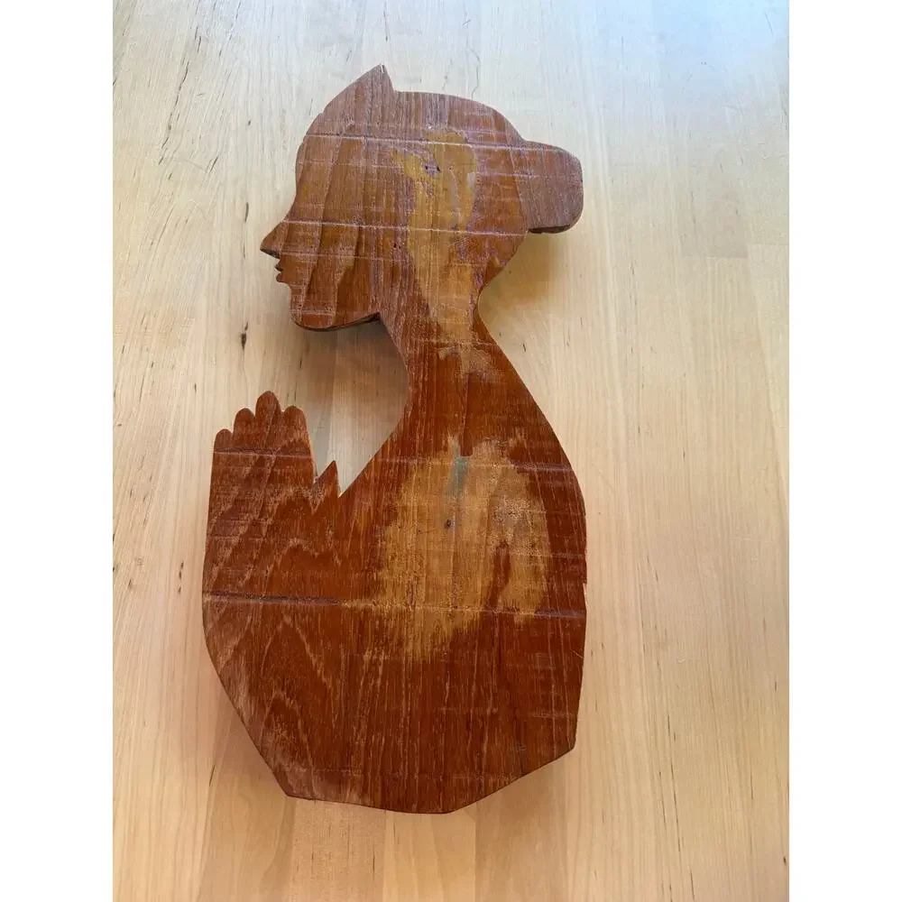 MCM VINTAGE Thai Teak Wood Carving Praying Woman Wai Wall Plaque Art Decor